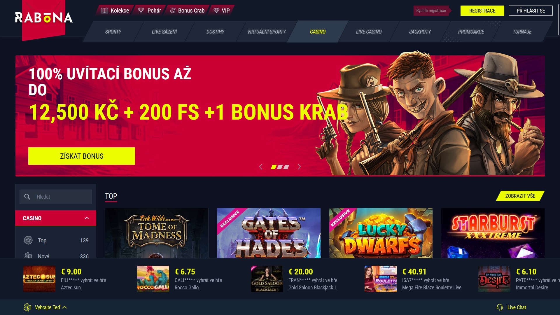 Náhled webových stránek online casina Rabona