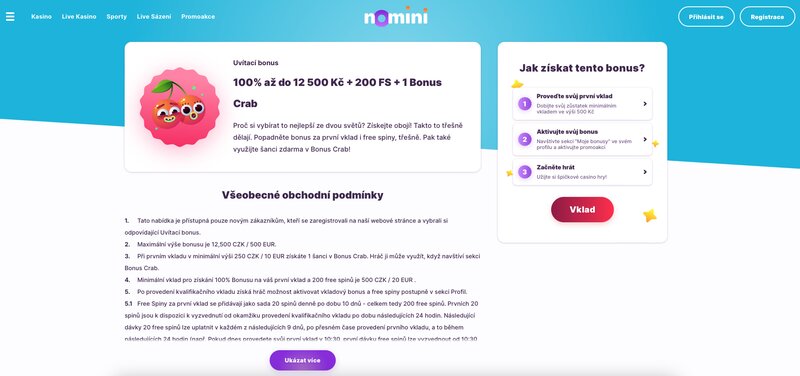 Welcome bonus at the Nomini online casino