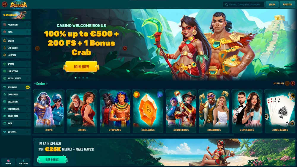 Preview of the landing page with generous welcome bonus at Spinanga casino