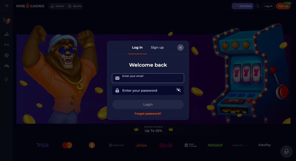 Log in NineCasino