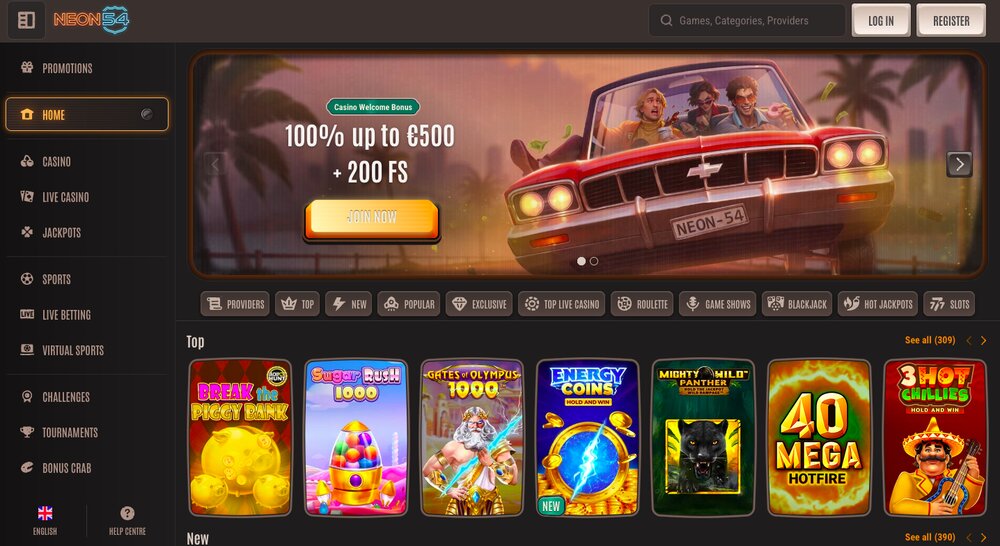 Neon54 casino homepage