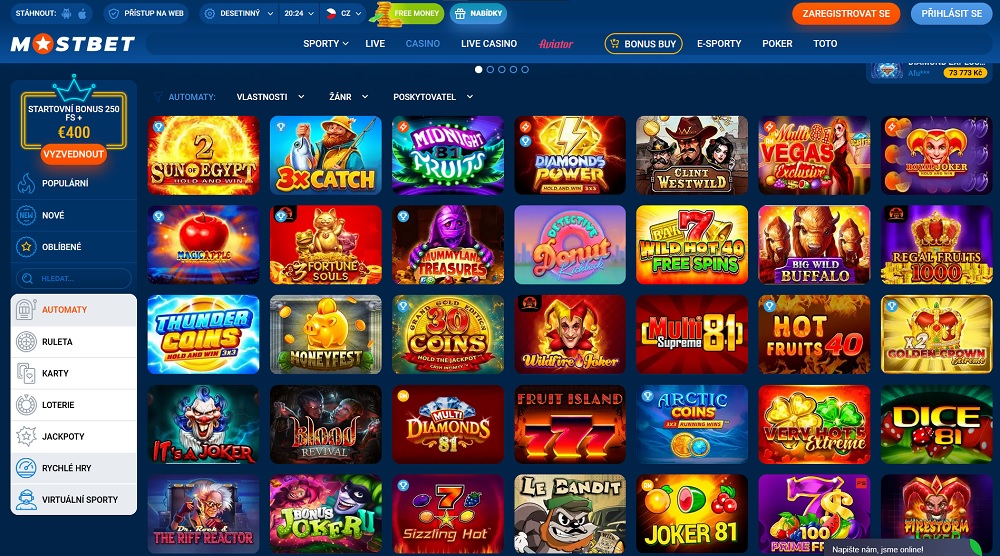 Preview of the rich slots library at the MostBet online casino