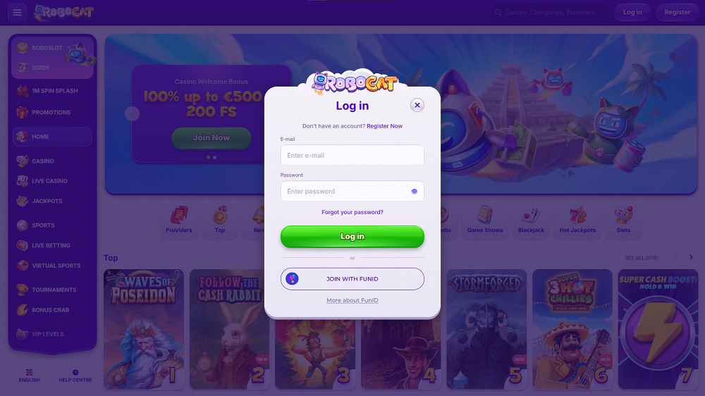 Preview of the login form at the online casino and bookmaker Robocat