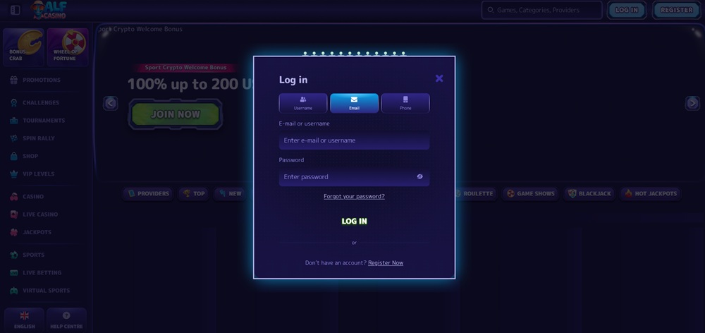 AlfCasino login úvod en