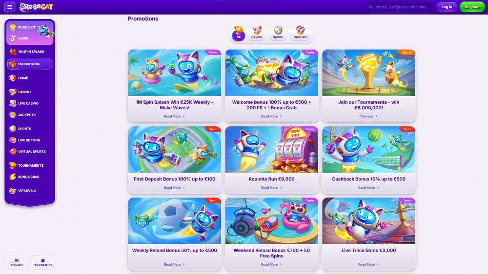 Preview of the wide selection of bonuses for new and existing players at the online casino Robocat