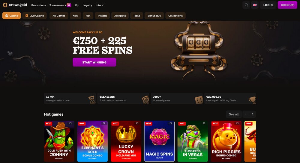 Welcome bonus and most played slot machines at Crowngold casino
