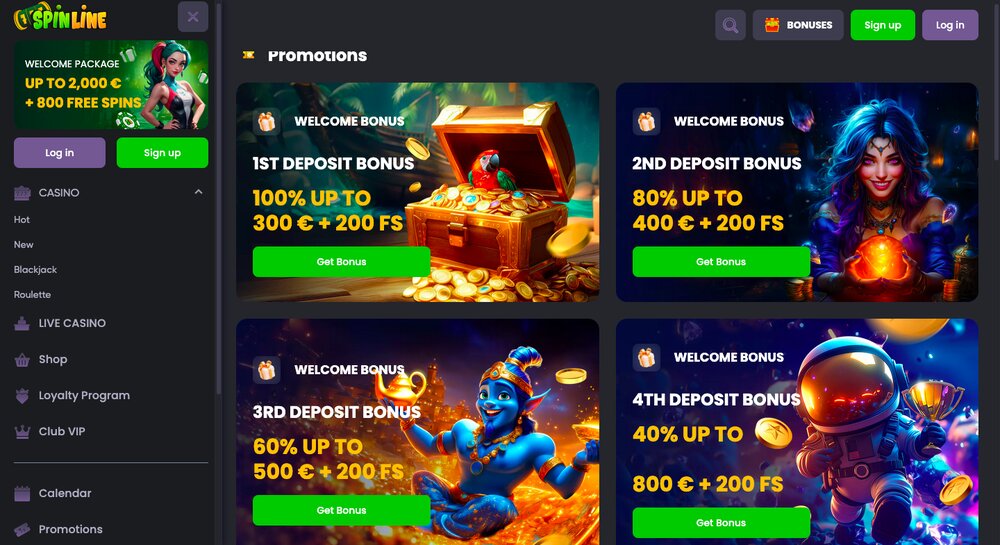 Bonuses at Spinline casino