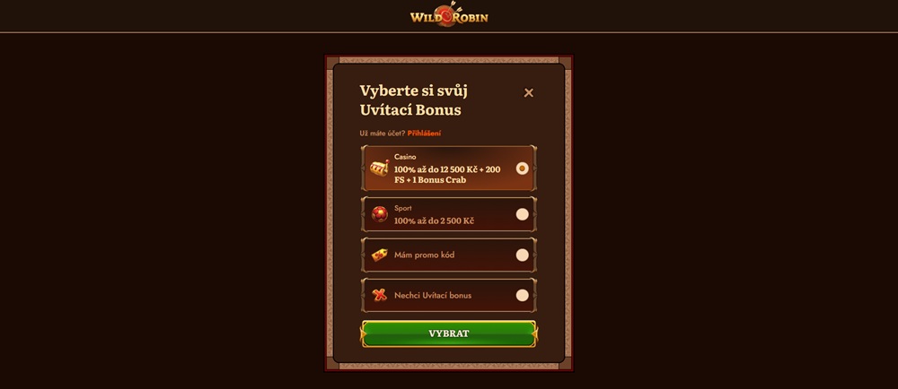 Registration window of Wild Robin casino