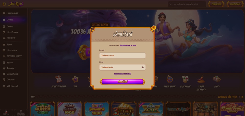 Login window at Abu King casino