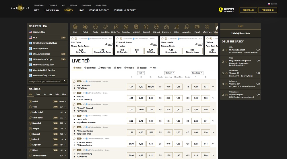 Overview of the Casinoly betting office with a rich selection of sports and events to bet on