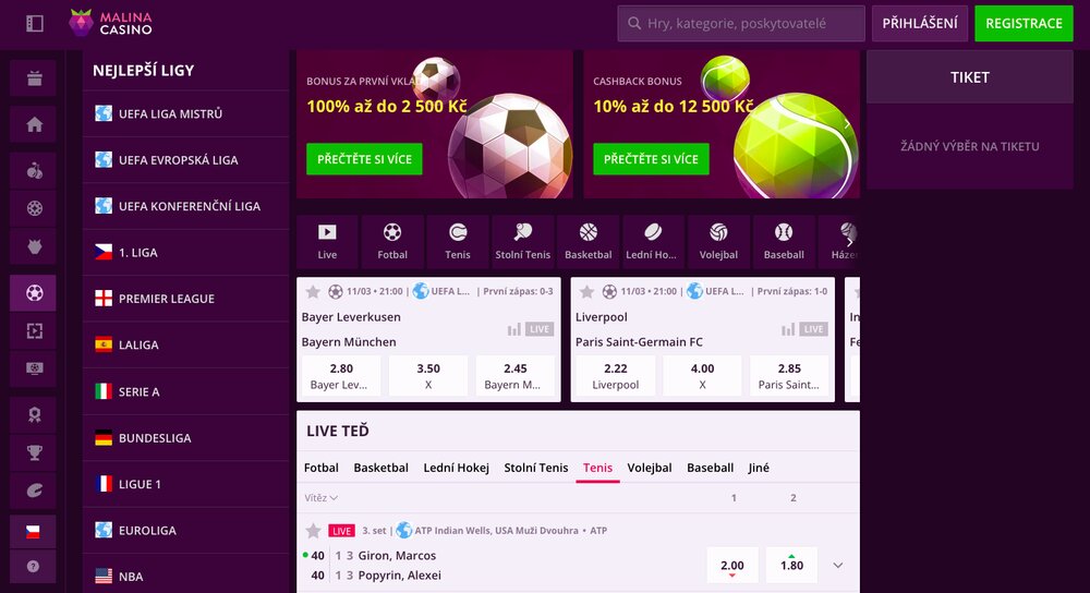 Betting markets and welcome bonus at Malina Casino bookmaker