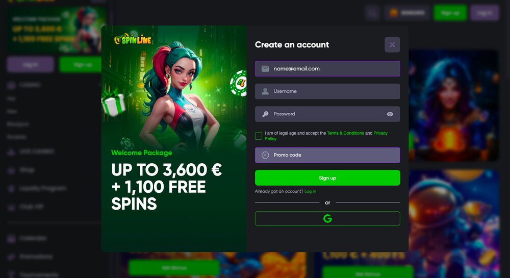 Registration at Spinline casino with promo code
