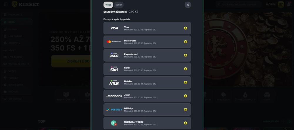 Overview of payment methods at KinBet