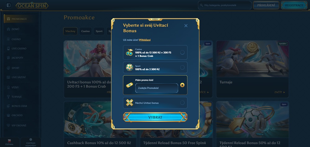 Ocean Spin promo code entry field