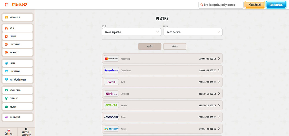 Spin247 - deposits and withdrawals