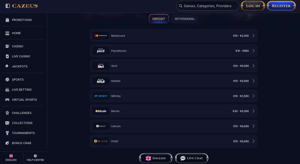 Cazeus deposit options
