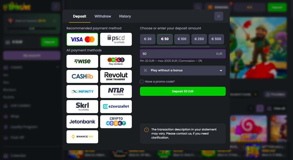Spinline deposit options