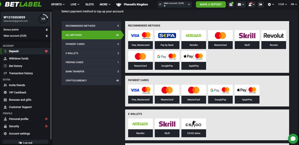 BetLabel deposit and withdrawal