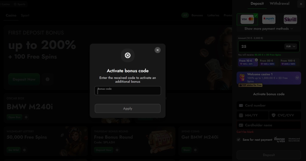 Oscarspin online casino offers generous bonuses both with a promo code and without it