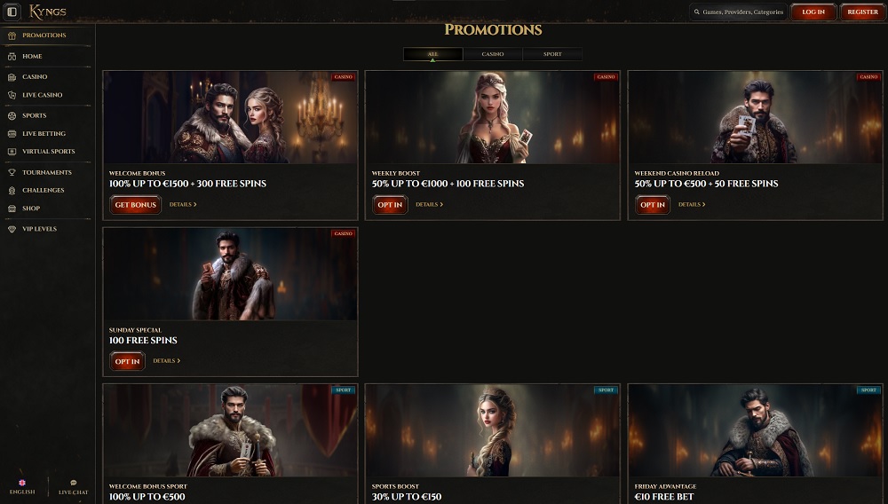 Preview of bonuses and promotions at Kyngs online casino and bookmaker