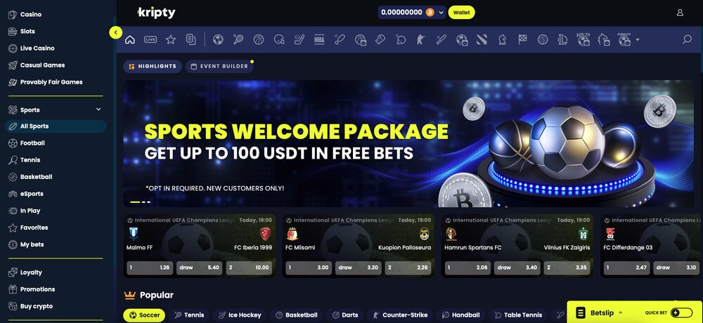 Kripty sportsbook homepage