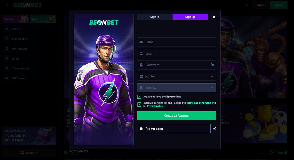 BeonBet registration with promo code