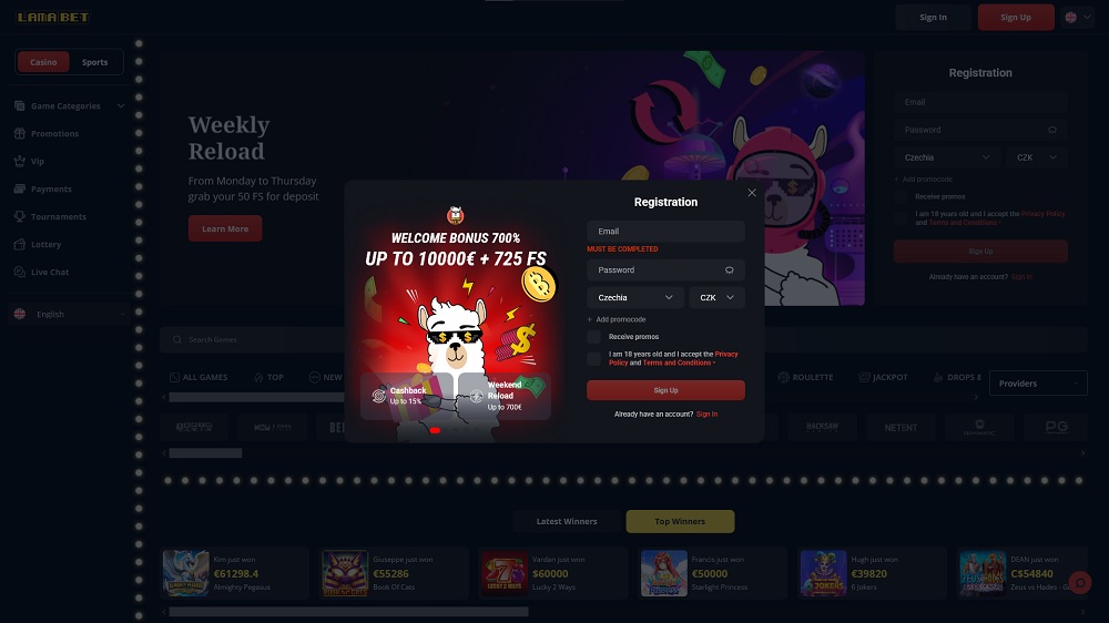 Preview of the registration form with the promo code field at the online casino Lamabet