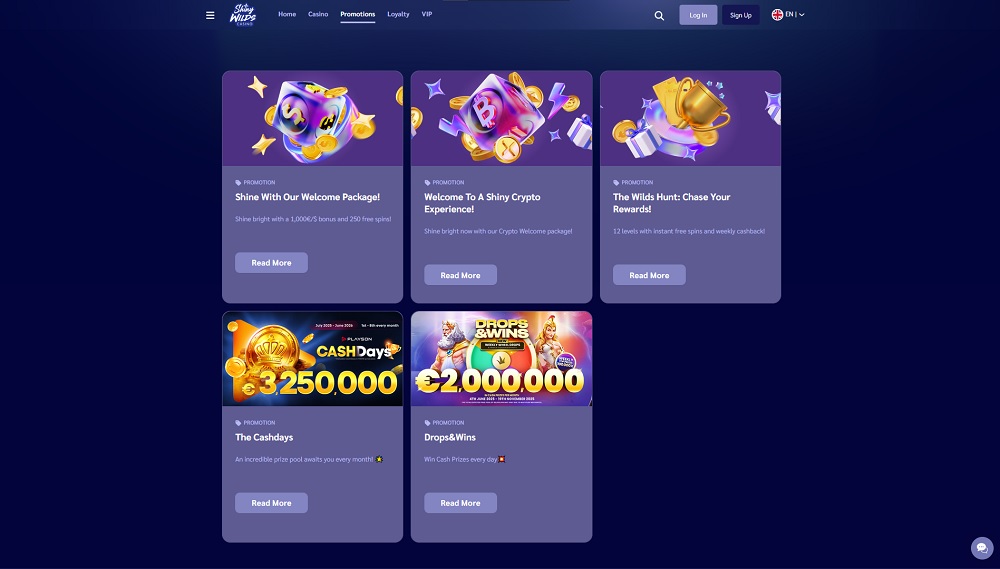 Preview of bonuses and promotions at the ShinyWilds online casino