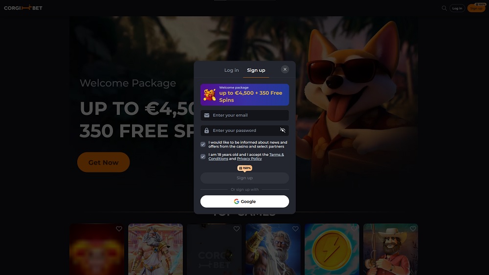 Preview of the registration form with generous welcome bonus at the online casino Corgibet