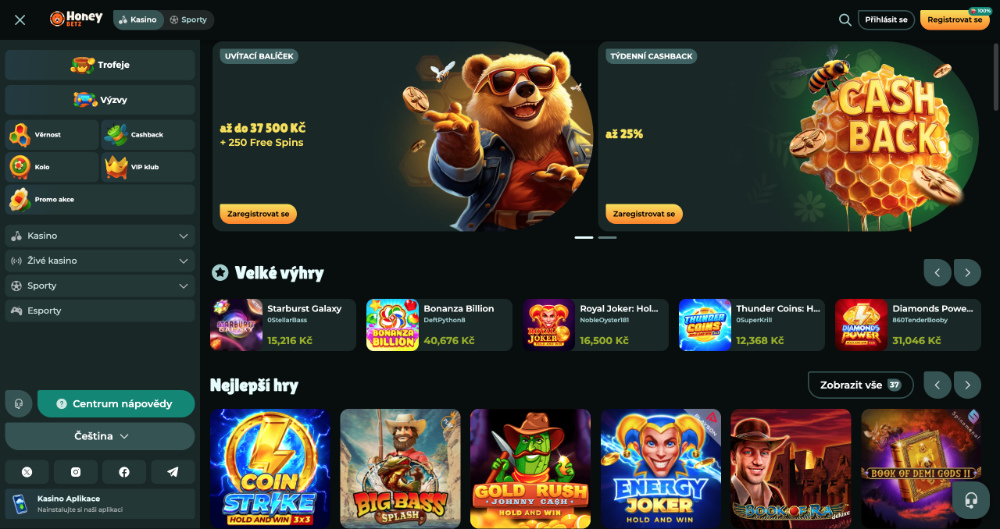 Honeybetz casino home screen