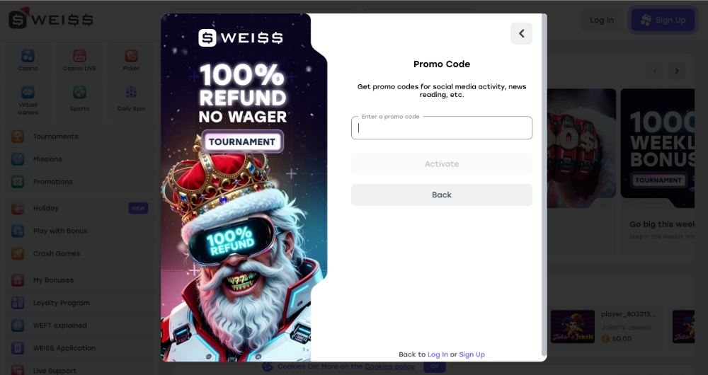 Promo code at Weiss casino